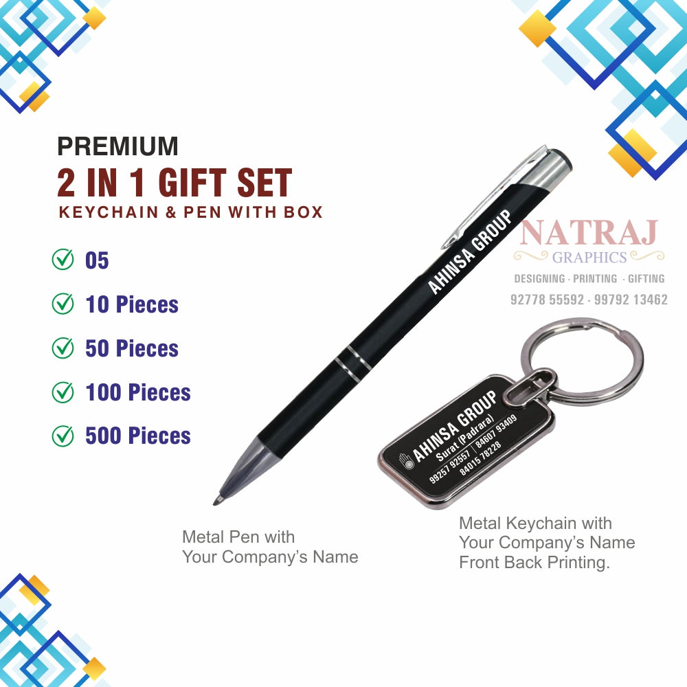 Premium 2 in 1 Gift Set | Personalized Black Pen & Keychain Gifts with Name Engraving | Pen for Gifting | Gift Set for Men & Women, Corporate Gift Set